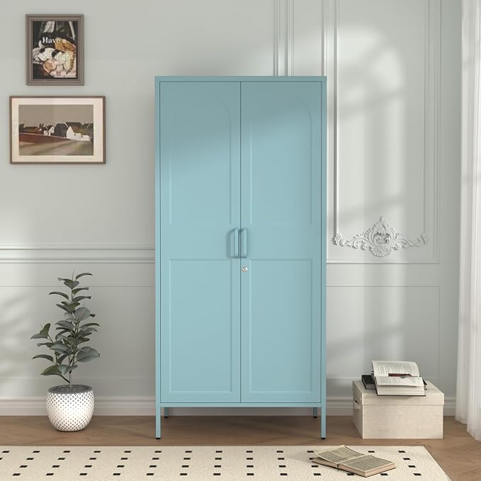 Lockable Vintage Blue Tall Metal Wardrobe, Freestanding Cold Rolled Steel Storage Cabinet with Arched Embossed Doors & Raised Feet for Home Office Size：67" H x 31.5" W x 18.1" D