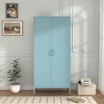 Lockable Vintage Blue Tall Metal Wardrobe, Freestanding Cold Rolled Steel Storage Cabinet with Arched Embossed Doors & Raised Feet for Home Office Size：67" H x 31.5" W x 18.1" D
