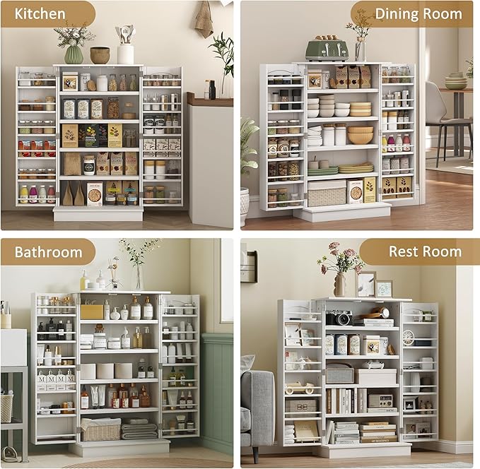 HOMCOM 41" Kitchen Pantry Storage Cabinet, Freestanding Kitchen Cabinet with 12 Door Shelves, Double Doors, 5-Tier Shelving and Adjustable Shelves, White
