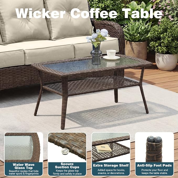 Patio Furniture Set, 10PCS Outdoor Wicker Conversation Set with 6" Thick Cushions, High Back Rattan Sofa & Swivel Rocker Chairs, Weather Resistant Olefin Fabric for Garden, Poolside, Beige