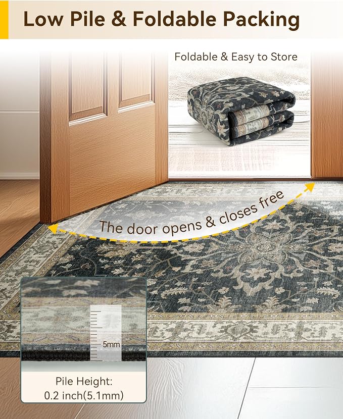 RELEANY Area Rugs 3'x4' Washable Non-Slip, Floral Vintage Distress Medallion Carpet for Living Room Bedroom Dining Room, Vintage Black Brown Neutral