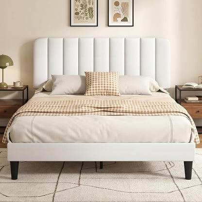 VECELO Full Size Bed Frame with Upholstered Headboard, Velvet Platform Bedframe Mattress Foundation, Strong Wood Slat Support, No Box Spring Needed,White