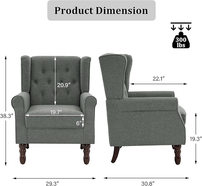 High Back Accent Chairs Set of 2, High Wingback Chair for Living Room, Button-Tufted Upholstered Fabric Armchair with Solid Wood Legs, Comfy Single Sofa Reading Chair for Bedroom, Gray