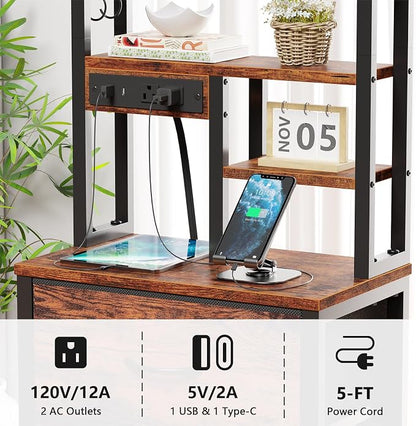 Furnulem Tall Night Stand, LED Nightstand with Charging Station and USB Ports, 4 Fabric Drawers and 4 Tier Storage Shelf, Bedside Table for Bedroom, Home, Dorm, Office (Rustic Brown)