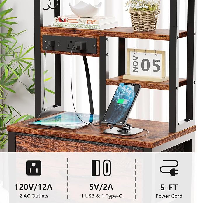 Furnulem Tall Night Stand with LED & USB Ports, 45.3inch Nightstand with Open Bookshelf, Bedside Table with 3 Fabric Drawers for Bedroom/Dorm/Office, Rustic Brown Wood-Metal Frame