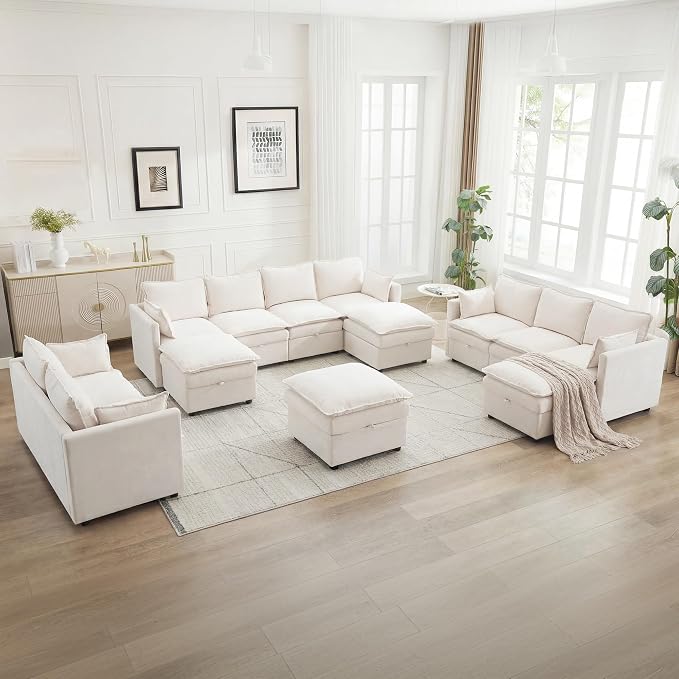 27" Large Square Ottoman with Storage, Modern Upholstered Footrest with Anti-Slip Legs for Couch Coffee Table Living Room, Bedroom, Entryway, Chenille Beige