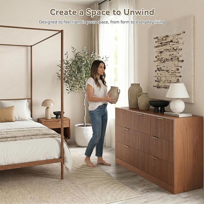 7 Drawer Dresser for Bedroom, 55" Wide Fluted Chest of Drawers with Gold Metal Handles, Modern Wood Dresser Closet Storage Organizer Mid Century TV Stand for Living Room Hallway Light Walnut