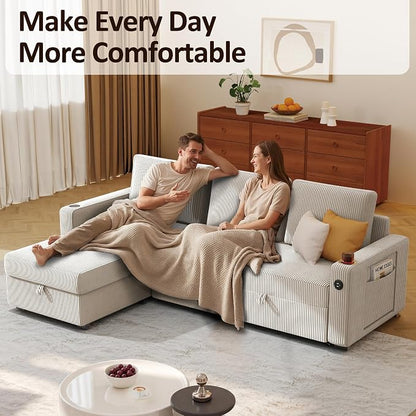 Ball & Cast 80" Sectional Sleeper Sofa Bed Pull Out Couches for Living Room | L Shaped Convertible Pull Out Sofa Bed with Storage Chaise, Foldable Table, USB Port, Cup Holder, Side Pocket for Small Space
