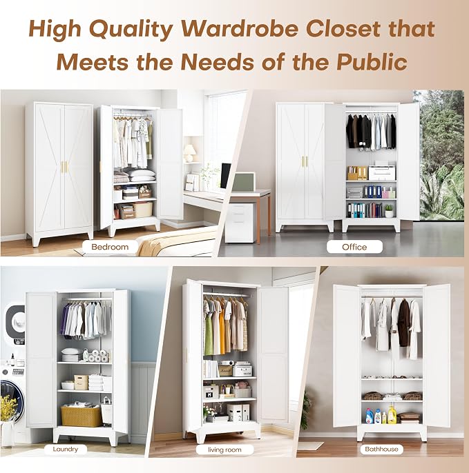 Steel Armoire Wardrobe Closet with 2 Doors and 2 Shelves, 71" H Freestanding Wardrobe Cabinet, Large Closet with Hanging Rod, White Metal Closets, Bedroom Armoire for Bedroom, Office
