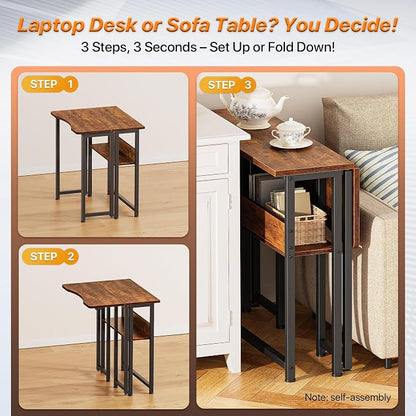 Huuger Folding Desk with Storage Shelf, 23.6 Inch Foldable Computer Table for Small Spaces, Space Saving Sofa Table for Couch, Writing Work Office Computer Desk, Easy to Fold, Rustic Brown