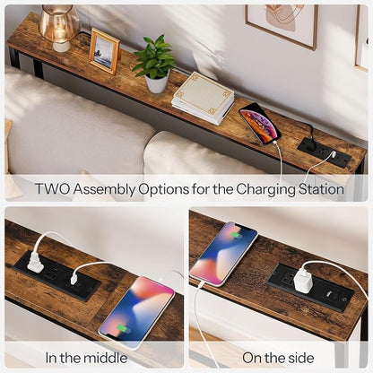 HOOBRO 2 Pack 5.9" Narrow Console Table with Power Outlets, 47.2" Behind Couch Table with Charging Station, Long Sofa Side Table, Skinny Entryway Table for Living Room, Rustic Brown BF15XGP201G1