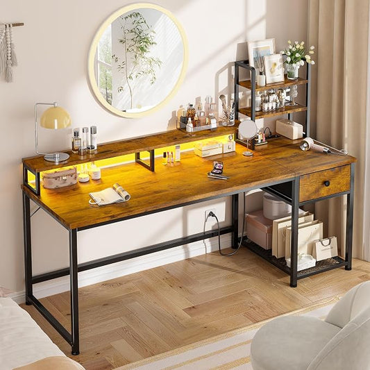 EnHomee 55" Reversible Computer Desk, Hutch, USB & LED, Rustic Brown | Fits 2 Monitors on Stand; Drawer & 3 Shelves; 60,000 Colors Music Sync RGB; 3 AC Ports & Type-C; Steel Frame; Easy Build