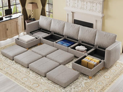 EASE MOOSE Faux Leather Sectional, Modular Sectional Sofa with Storage, Leather Couch U Shaped Couches for Living Room, Whitesand