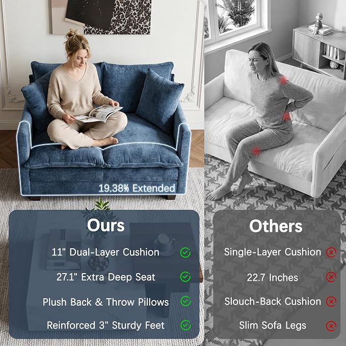 Loveseat Sofa with Ottoman, 52'' Modern Cloud Sofa Couch with 27" Deep Seat & 2 Pillows, Comfy Chenille Small Couch for Small Spaces, Apartment, Studio, Bedroom, Living Room