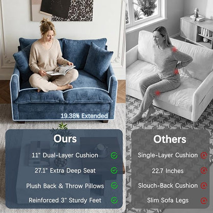 Loveseat Sofa, 52''Modern Cloud Sofa Couch with 27" Deep Seat & 2 Pillows, Comfy Chenille Small Couch for Small Spaces, Apartment, Studio, Bedroom, Living Room (Blue, Loveseat)