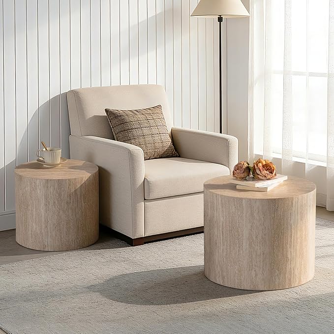 Nesting Round Coffee Table Set of 2, Circle Accent End Table for Small Spaces, Morden Drum Side Table, Wooden Center Table for Living Room, Fully Assembled - Beige