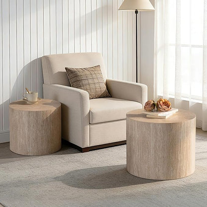 Nesting Round Coffee Table Set of 2, Circle Accent End Table for Small Spaces, Morden Drum Side Table, Wooden Center Table for Living Room, Fully Assembled - Beige