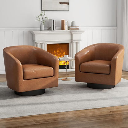PU Leather Swivel Accent Chairs Set of 4, Barrel Club Chair Upholstered Armchair for Living Room - Brown