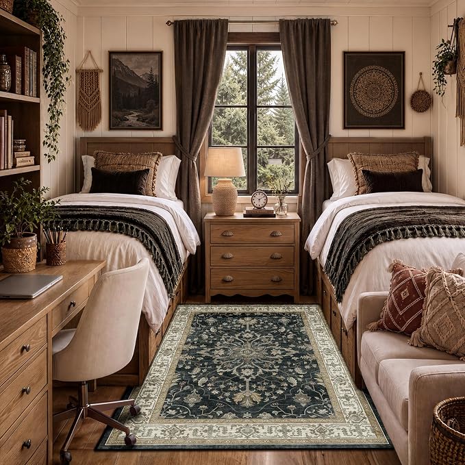 RELEANY Area Rugs 4'x6' Washable Non-Slip, Floral Vintage Distress Medallion Carpet for Living Room Bedroom Dining Room, Vintage Black Brown Neutral