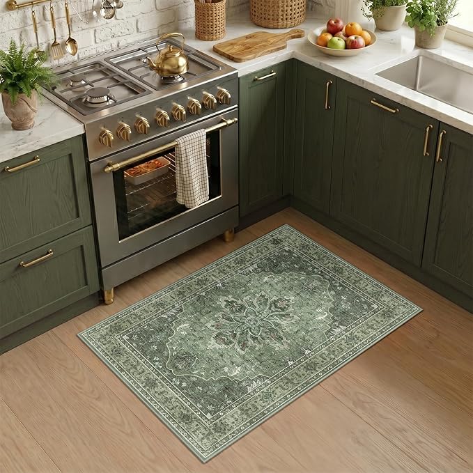 RELEANY Area Rugs Small 2'x4' Washable Non-Slip, Floral Vintage Distress Medallion Carpet for Kitchen Entryway Bathroom, Dark Green Gray