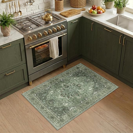 RELEANY Area Rugs Small 2'x4' Washable Non-Slip, Floral Vintage Distress Medallion Carpet for Kitchen Entryway Bathroom, Dark Green Gray