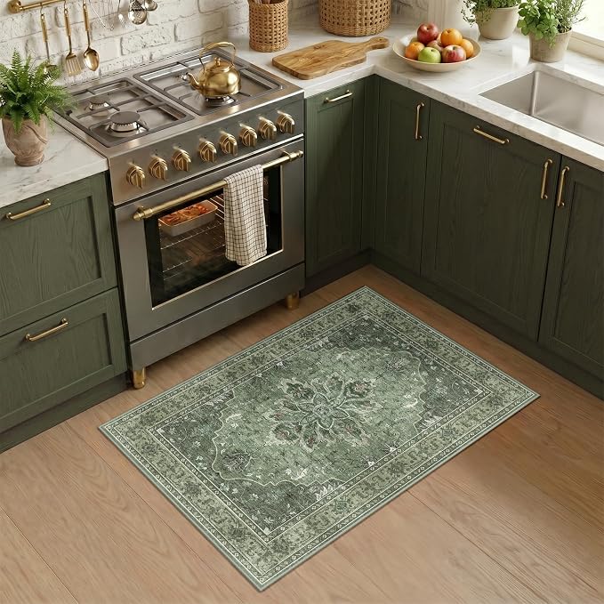 RELEANY Area Rugs Small 2'x3' Washable Non-Slip, Floral Vintage Distress Medallion Carpet for Kitchen Entryway Bathroom, Dark Green Gray