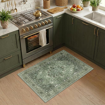RELEANY Area Rugs Small 2'x3' Washable Non-Slip, Floral Vintage Distress Medallion Carpet for Kitchen Entryway Bathroom, Dark Green Gray