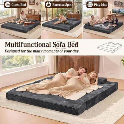 78.7IN Folding Sofa Bed - Convertible Sleeper Sofa Couch with Zippered Pillows, 3 Seater Couches Bed for Living Room, Bedroom, Apartment, No Assembly Required, Freestanding, Corduroy, Gray