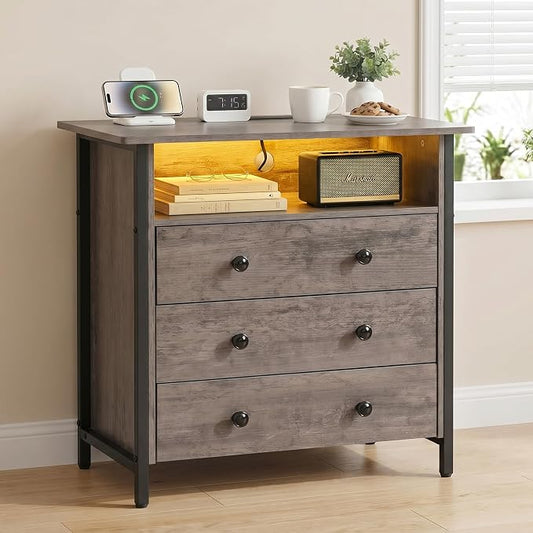 27 Inch LED Nightstand with Charging Station & 3 Drawers, Gray | Solid Wood and Steel Frame, 2 AC Outlets, 2 USB Ports, RGB App Control, Open Storage, Adjustable Feet, for Bedroom or Office