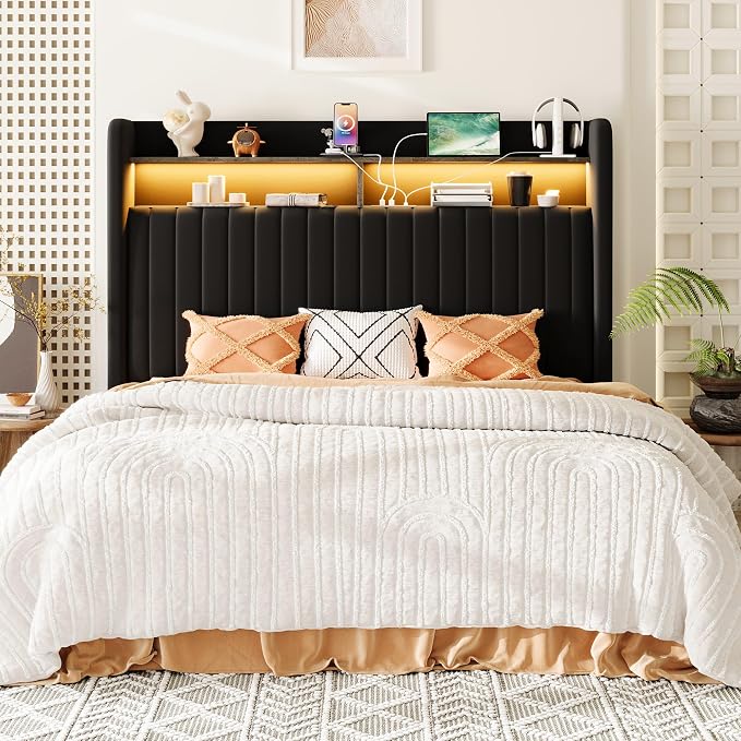 Allewie Full Size Lift Up Hydraulic Storage Bed Frame, 2-Tier Shelf Headboard with LED Lights and Charging Station, USB and Type C Ports, Wingback Velvet Headboard, No Box Spring Needed, Black