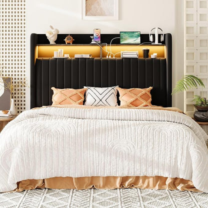 Allewie Full Size Lift Up Hydraulic Storage Bed Frame, 2-Tier Shelf Headboard with LED Lights and Charging Station, USB and Type C Ports, Wingback Velvet Headboard, No Box Spring Needed, Black
