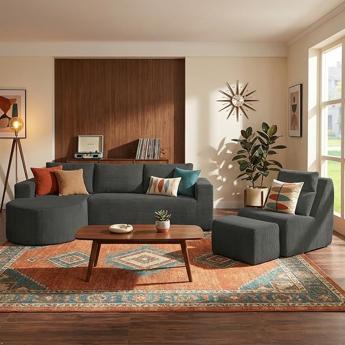 104.92" L-Shaped Corduroy 3 Piece Sofa Set with Single Lounge Chair & Ottoman, Modular Compressed All Foam Couch, Freely Movable Footrest, Minimalist Large Living Room Furniture