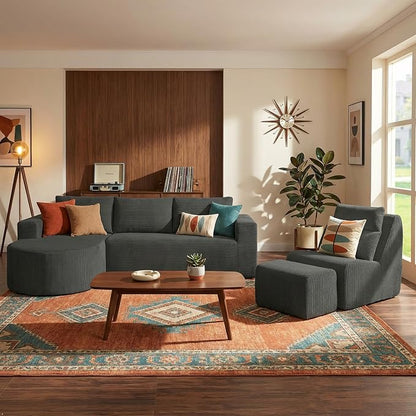 104.92" L-Shaped Corduroy 3 Piece Sofa Set with Single Lounge Chair & Ottoman, Modular Compressed All Foam Couch, Freely Movable Footrest, Minimalist Large Living Room Furniture