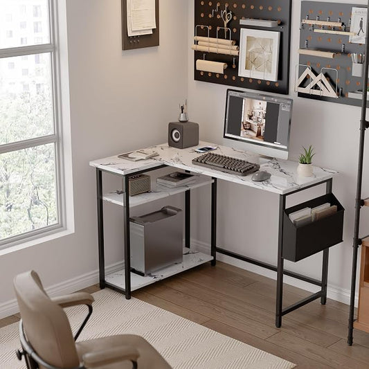 Pamray 40 Inch L Shaped Computer Desk with Reversible Side Storage Shelves, Small Corner Desk for Small Space Home Office, Writing Study Table PC Desk for Bedroom, Marble