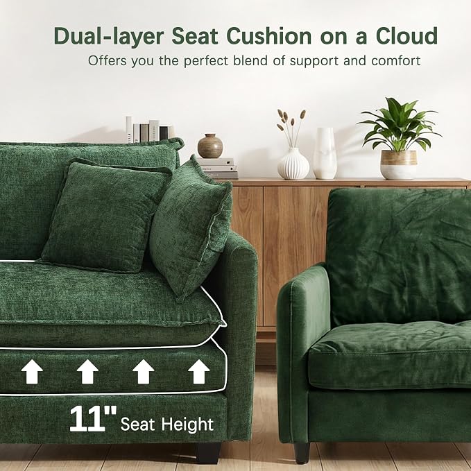 Oversized Loveseat Sofa, 70" Sectional Cloud Couch, 2 Seat Modern Comfy Sofa Chenille Deep Seat Couches with 2 Pillows, for Small Apartment, Bedroom, Living Room（Green 70" Loveseat）