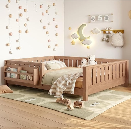 Bellemave Full Floor Bed with Slats and Rails, Full Size Montessori Floor Bed with Bookcase and Fence, Easy Assemble Montessori Beds for Girls, Boys, Natural Floor Beds