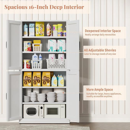 64" H White Steel Kitchen Pantry Storage Cabinet with Barn Doors | Metal Farmhouse Cabinets for Living Room, Bathroom, Heavy Duty Rustic Pantry