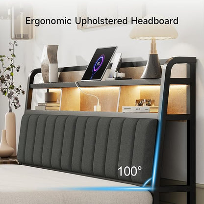 King Headboard Only with Storage, Upholstered Headboards for King Size Bed with LED Light, Charging Station, Height Adjustable, Sturdy and Stable Headboard, Black & Brown