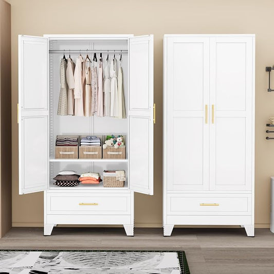 Ckzbx 71" H Metal Armoire Wardrobe Closet with Drawer, Adjustable Shelf, Clothes Drying Pole, Clothes Storage Closet for Bedroom (White)