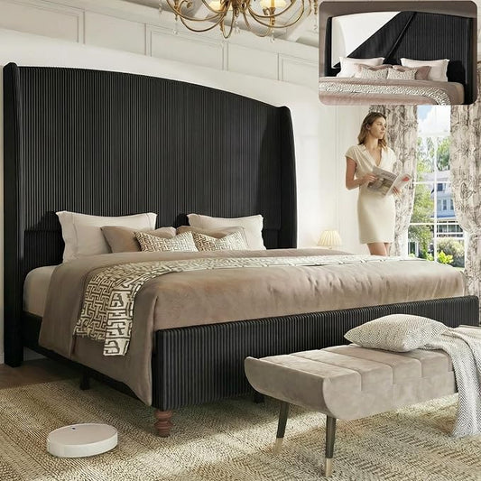 Queen Size 65.7" Tall Headboard Upholstered Bed Frame with Wingback, Soft Washable Corduroy Beds Cover, Solid Wood Legs, Noise-Free, No Box Spring Needed, Black