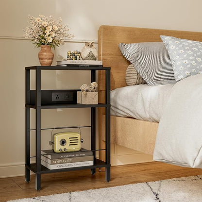 DGSANDGO Black Narrow Side Table - Nightstand with Charging Station (2 USB + 1 AC Outlet), 3-Tier End Table for Nordic Style/Bedroom/Living Room (Black)