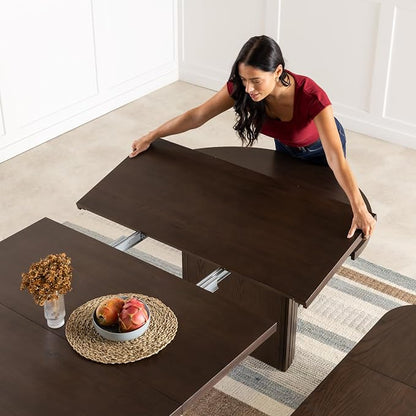 Transformer Table - Solid Wood Extendable Round Dining Table Set with Bench, Seats 4-10, Extendable Round Dining Set, Seat with Hidden Panel Storage, Dark Brown (Table + Bench)