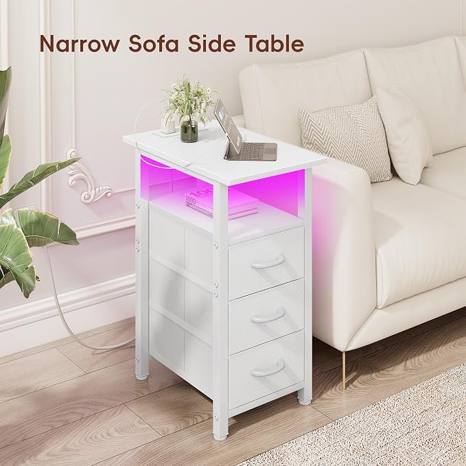 Vagusicc White Nightstand with Charging Station and LED Lights, Narrow End Table, LED Nightstand with 3 Fabric Drawers for Bedroom, Small Bedside Table, Narrow Side Table for Small Spaces, White