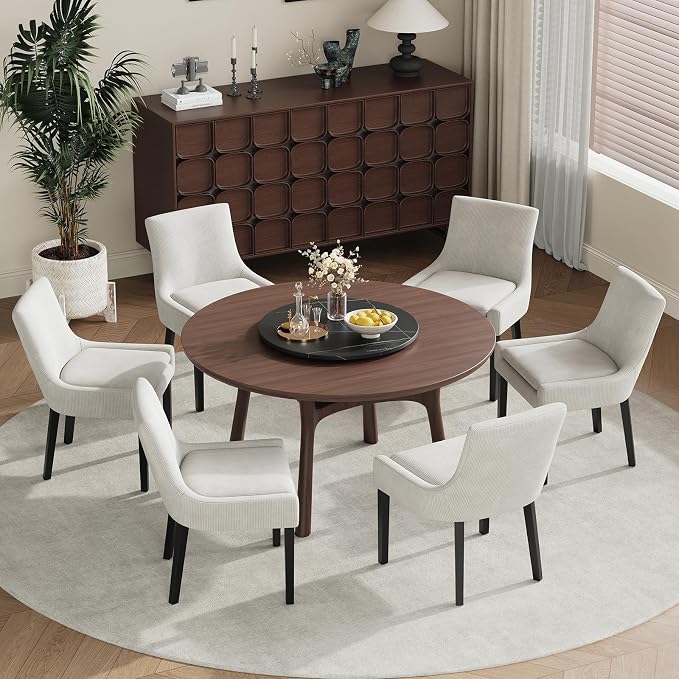 Modern Dining Room Chairs Set of 6 with Mid Back and Wood Legs, Upholstered Kitchen Chairs for Dining Room/Living Room, Beige