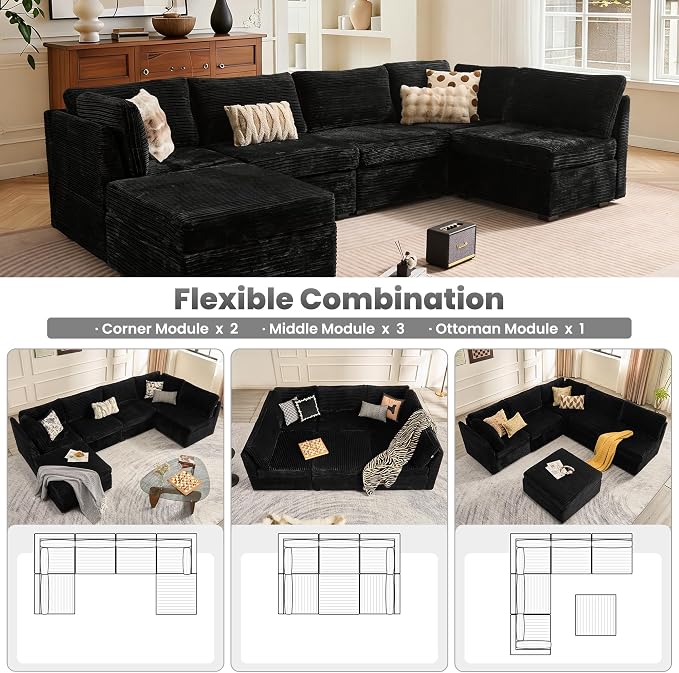 ovios Modular Sectional Sofa Couch with Sofa Bed L-Shape Chaise, Comfy Plush Corduroy Cloud Couches, Modern Luxury Deep Seat Sofas Set for Living Room, 6-Seater, Black