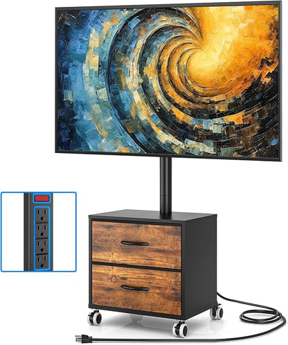 Rfiver Rolling TV Stand with Power Outlet and 2 Drawers for 32-60 Inch TVs, Swivel Mobile TV Cart with Wheels, 6-Level Height Adjustable Floor TV Mount up to 88lbs, Max VESA 400x400mm