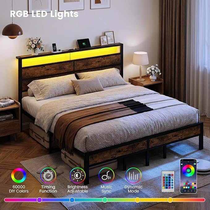 King Size Bed Frame with LED Lights & Charging Station, Brown Metal Platform Bed with Wood Headboard and Sturdy Slats, No Box Spring Needed