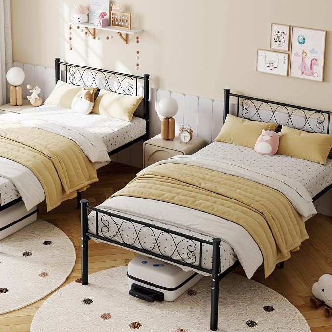 GarveeHome Twin-XL Size Bed Frame, Metal Platform Bed Frame with Headboard and Footboard, 12.2 in Bed Frame with Strong Metal Slats Support, Under Bed Storage, No Box Spring Needed, Black