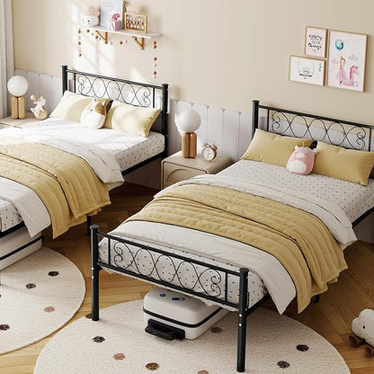 GarveeHome Twin-XL Size Bed Frame, Metal Platform Bed Frame with Headboard and Footboard, 12.2 in Bed Frame with Strong Metal Slats Support, Under Bed Storage, No Box Spring Needed, Black