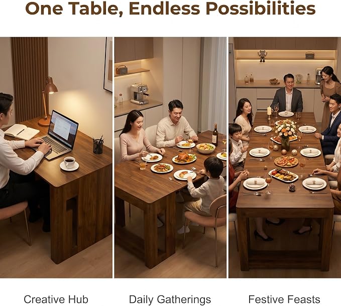 Extendable Foldable Dining Room Table for 1-12 People, Wood Multifunctional Rectangle Expandable Console Kitchen Living Meeting Room Furniture, Walnut